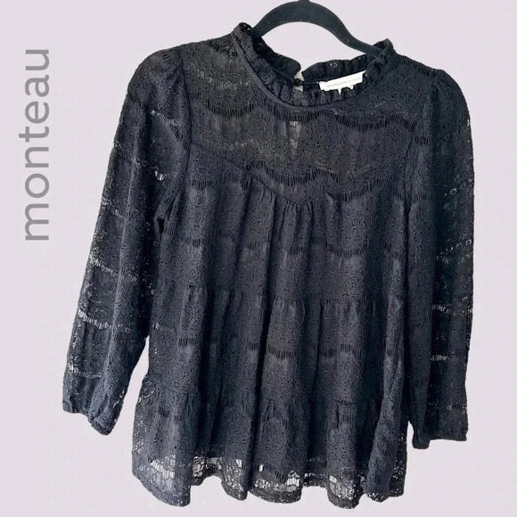 NWOT | BLACK LACE TIERED LONG SLEEVED TOP BLOUSE | SIZE MEDIUM - Picture 1 of 9